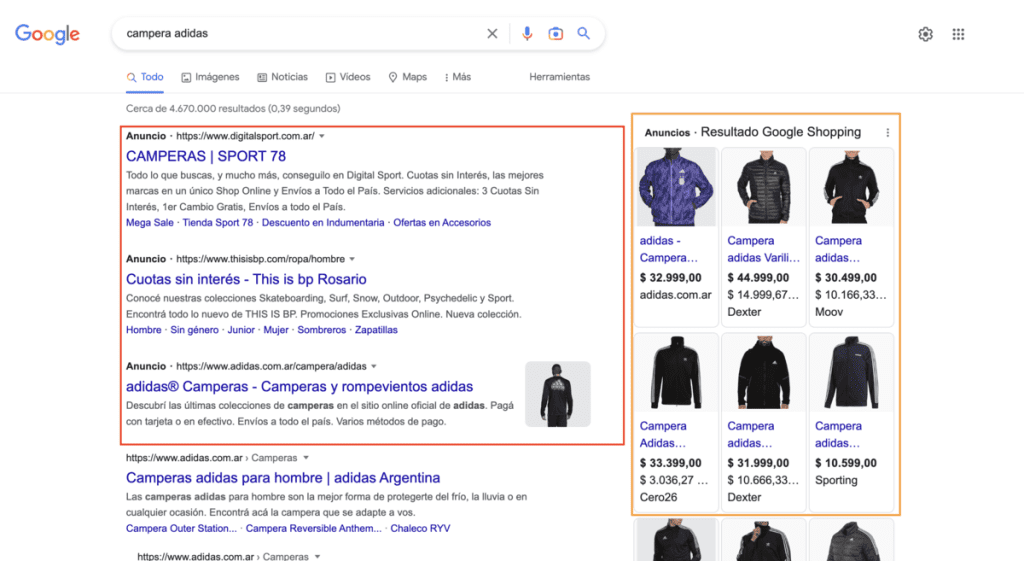 captura de pantalla con ejemplo de google ads